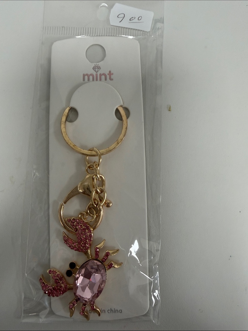 Mint Gold-Tone Keyring with Pink Crystal Crab Charm
